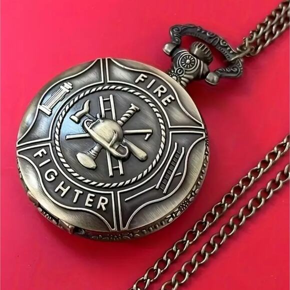 Gold Firefighter Pocket Watch Men's VTG Valentines Birthday Anniversary Dad Gift